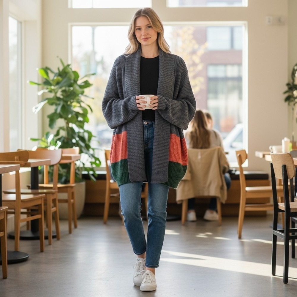 Anthropologie Open Ribbed Colorblock Cardigan Sweater XL Wool Oversized Grey